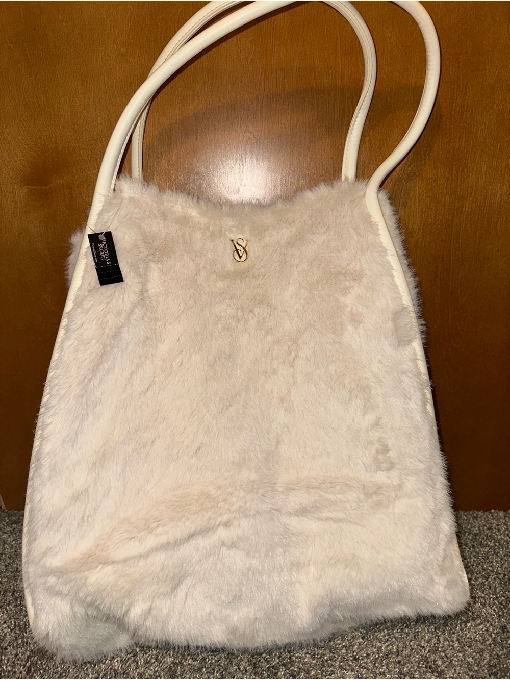 Victoria's Secret Ivory Faux Fur Tote with Gold Logo